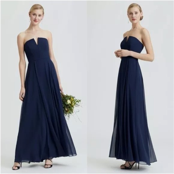 Strapless Notch Chiffon Maxi Bridesmaids Formal Prom Dress in Navy - Picture 3 of 4